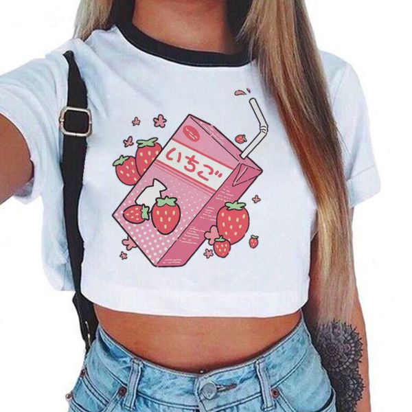 

kawaii pink strawberry milk print harajuku cute cartoon t shirt women ullzang t-shirt 90s graphic fashion korean crop tshirt, White