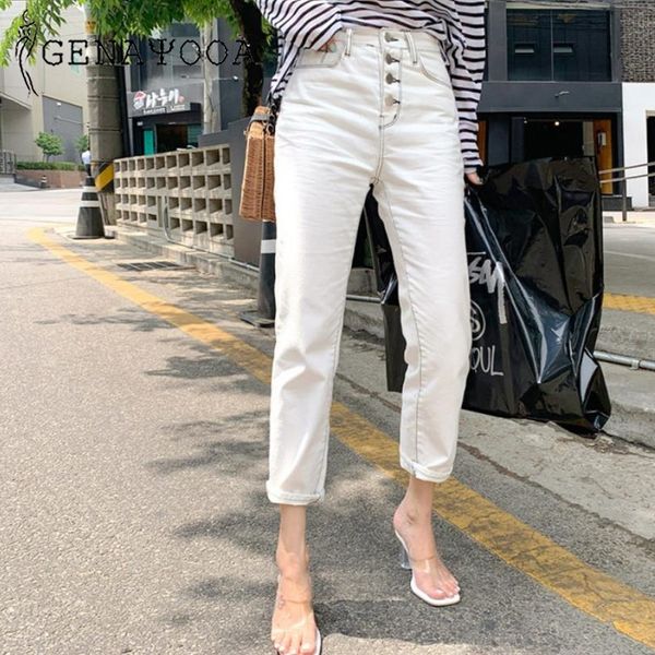 

genayooa korean streetwear denim pants high waist jeans woman casual boyfriend jeans for women vintage white trousers 201029, Blue