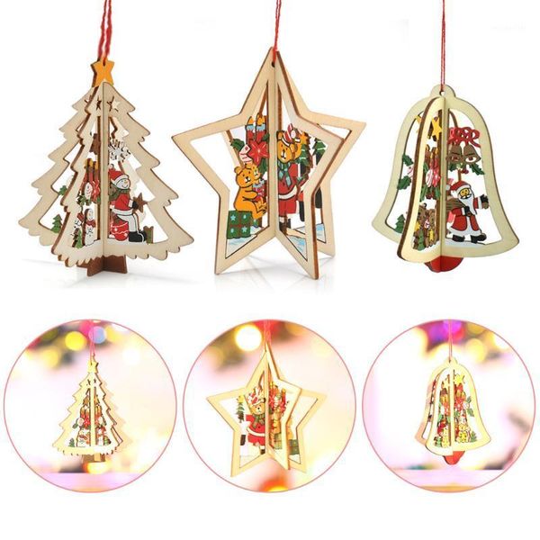 

3d christmas ornament wooden hanging pendants star xmas tree bell christmas decorations for home party new year navidad sd1