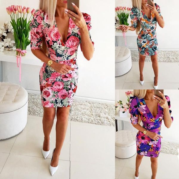 

summer new women's deep v flower print slim slimming dress casual loose polyester short sleeve print plus size short dress1, White;black