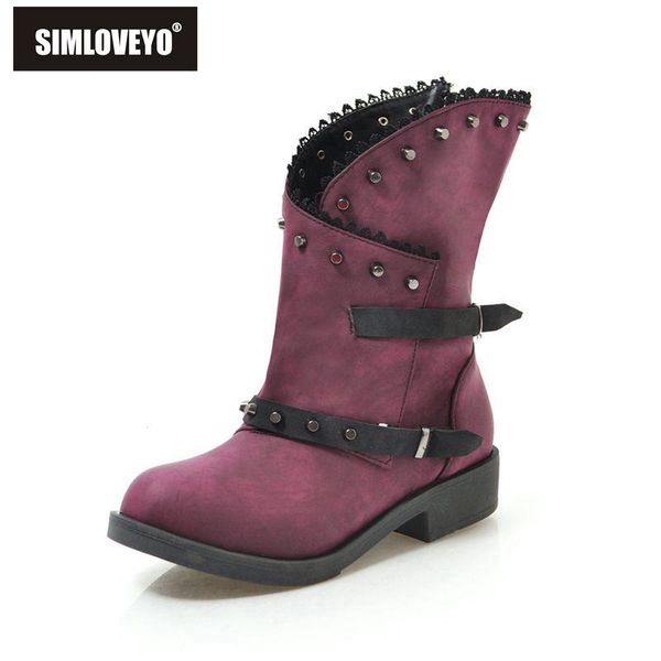 

SIMLOVEYO women western boots rivets retro Gothic buckle ankle booties ladies flat heels shoes botas mujer bottines zapatos, Black