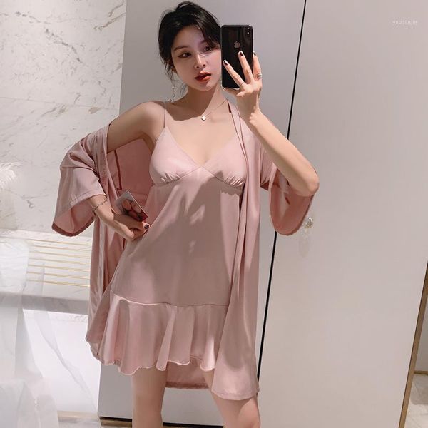 

women pink autumn kimono robe gown set v-neck nightgown sweet fuffles trim sleepwear faux silk letter embroidery bathrobe1, Black;red