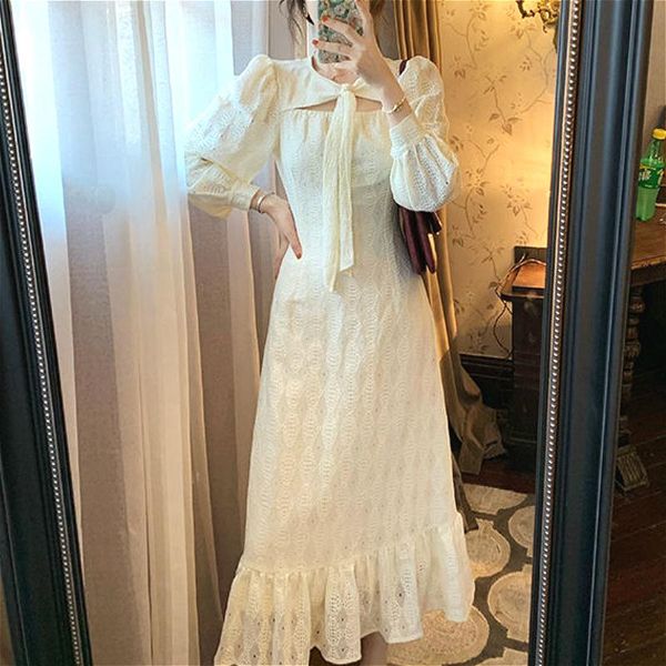 

women elegant midi casual dress solid bow vintage party dress square collar long sleeve french one piece korea 2021 autumn, Black;gray
