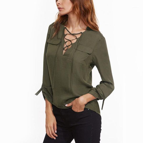 

autumn shirts women's fashion blouses celmia 2020 spring v- neck lace up casual pockets solid elegant office blusas1, White