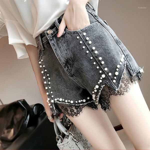 

new 2020 summer women short mujer pearls beaded female high waist denim shorts wide leg ladies casual loose jeans shorts y1371, White;black