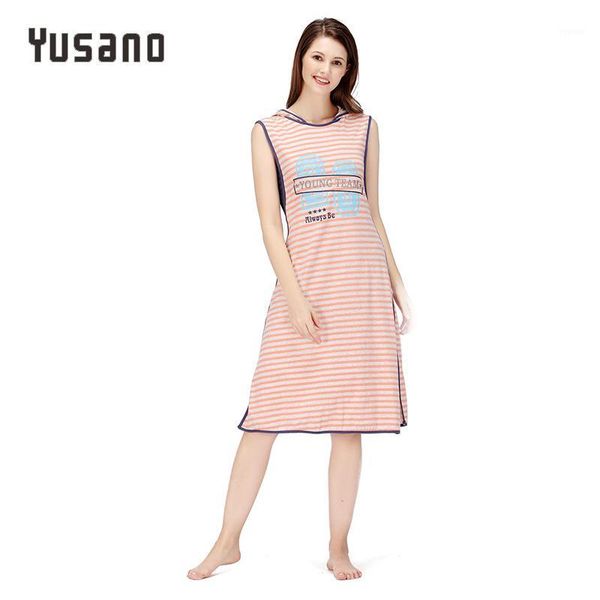 

yusano women nightgown cotton sleepwear causal home dress nightdress sleeveless with cap sleepshirt stripe print patchwork1, Black;red