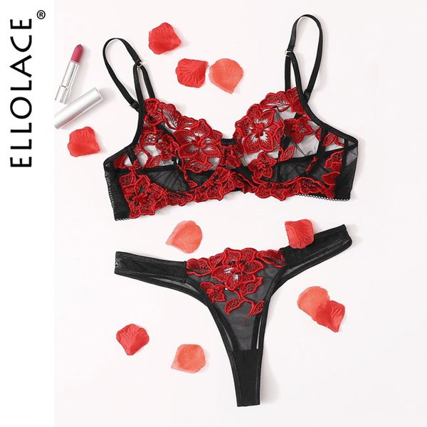 

ellolace lingerie embroidery women's underwear set bra floral transparent bra lace underwear set of linen bra set c1212, Black;white