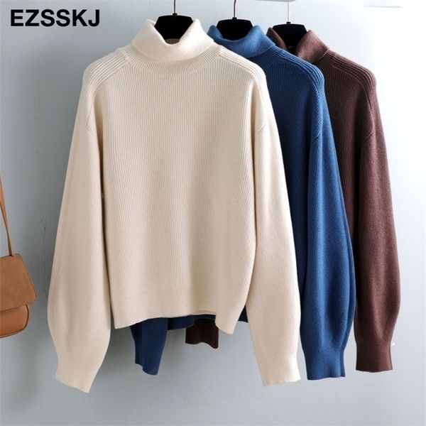 

basic thick oversize turtleneck sweater pullover women autumn winter casual puff sleeve sweater female chic loose jumpers 201222, White;black