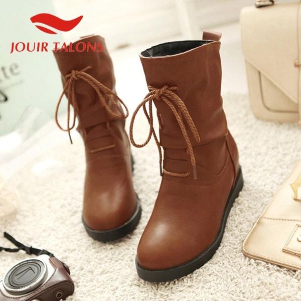 

jouir talons winter short plush warm ankle boots fashion slip-on pleated round toe low heels increased internal women shoes, Black