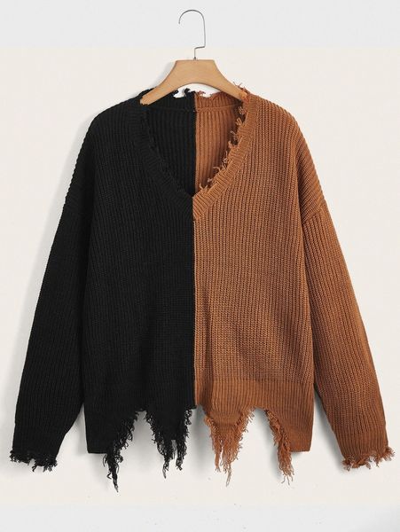

plus two tone drop shoulder distressed sweater g40l#, Black