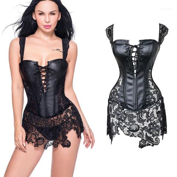 

womens corsets faux leather steampunk gothic clothing long fashion black green corset lace up bustier overbust plus size ai11, Black;white