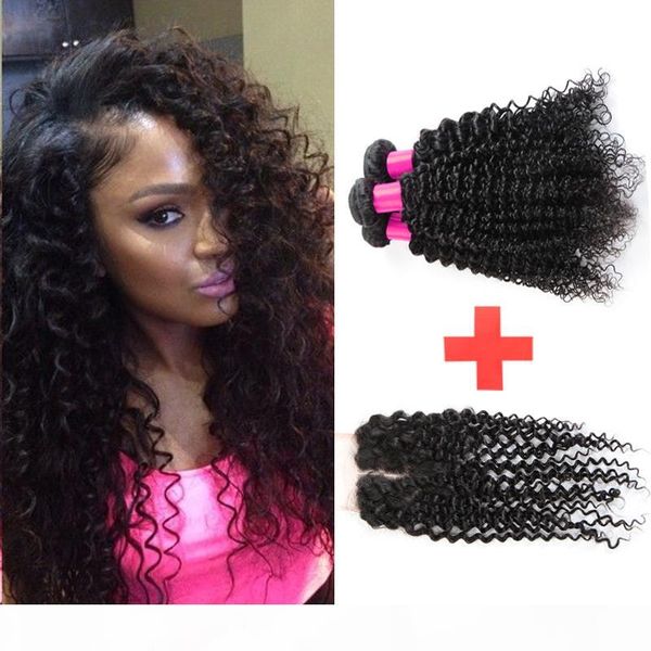 

7a brazilian virgin hair with closure rosa hair products 3 bundles with closure brazilian kinky curly virgin hair with closure, Black