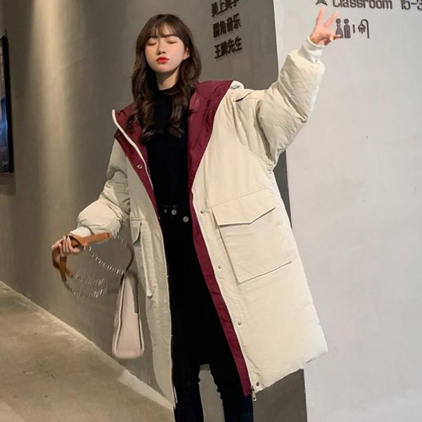 

contrast-colors slim hoodie coats for women winter thicken big pocket windbreaker hoody outerwear girls streewear parkas, Black