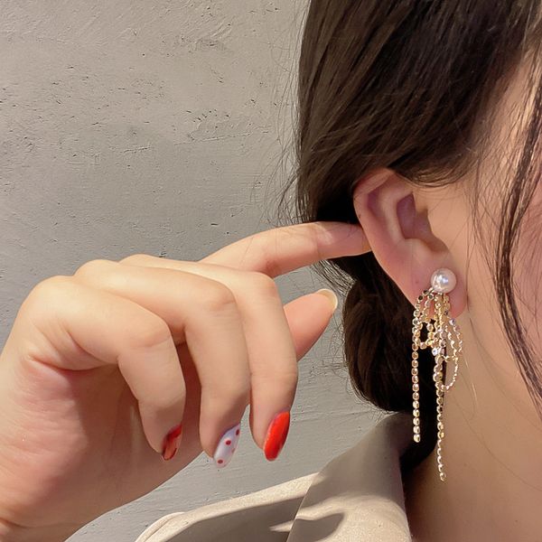 

fashion 925 silver needle korean fashion new pearl long earrings temperament chain eardrops popular net red personalized earrings womens fas, Golden