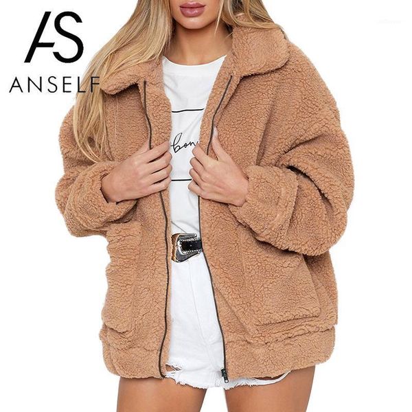 

women faux fur jacket fluffy teddy bear fleece fake fur coat zip pocket long sleeve casual streetwear winter manteau femme hiver1, Black