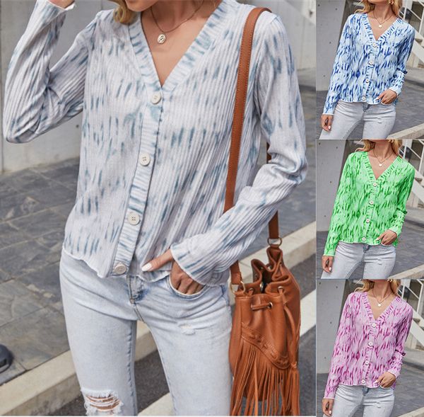 

womens tie dye sweaters loose v neck single breasted knitting cardigan casual womens autumn winter sweater, White;black