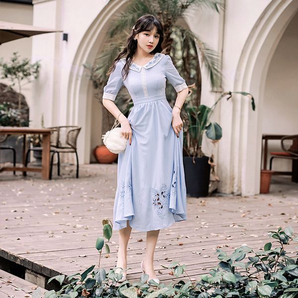 

2021 chiffon dressed as a party at night blue sweet floral embroidered the neck short sleeve elegant ladies'dresses summer 7k0j, Black;gray