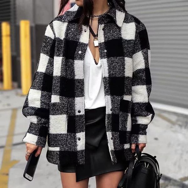 

vintage women elegant plaid jackets 2019 winter fashion ladies patchwork coats female thick woolen jacket girls oversize outfit, Black;brown