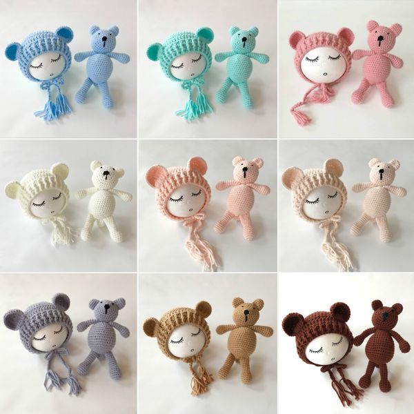 

newborn pgraphy props bears ear hat+toys set handmade knitting baby hats caps baby p props accessories studio fotografia lj201105