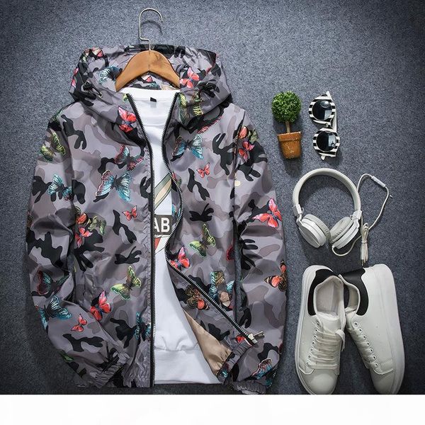 

spring mens women summer camo windbreaker jacket autumn butterfly print clothes men's hooded windbreaker coat male, Black;brown