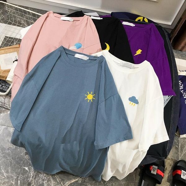 

female korean harajuku casual embroidered tshirt womens t shirts japanese kawaii ladies ulzzang clothes for women, White