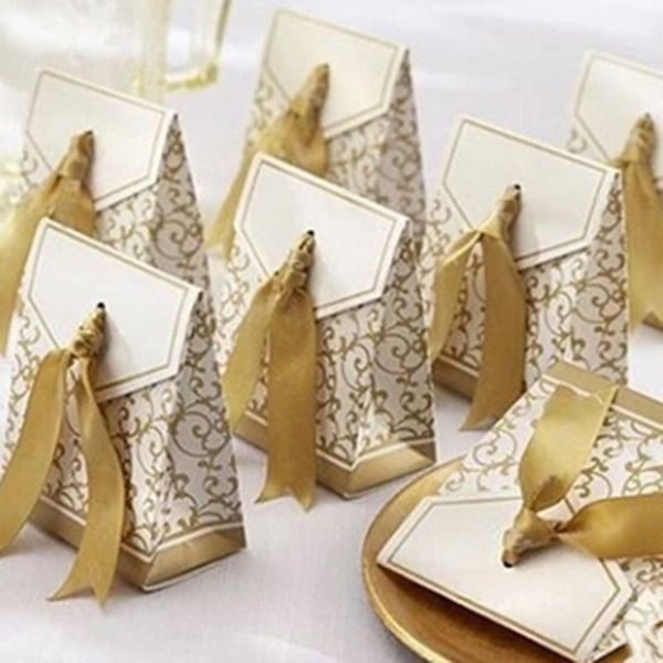 

10pcs/pack creative golden silver ribbon wedding favours party gift candy paper box