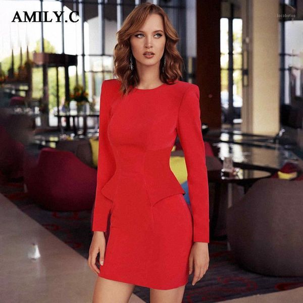 

casual dresses amily.c 2021 fall long sleeve round neck slim bandage mini dress ruffled fashion elegant party women vestidos1, Black;gray