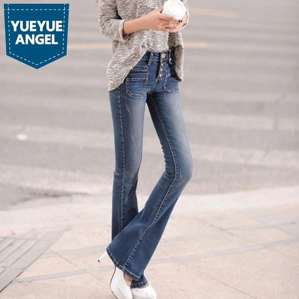 

women's jeans spring single breasted high waist slim fit flare pants korean fashion full length trousers quality denim, Blue