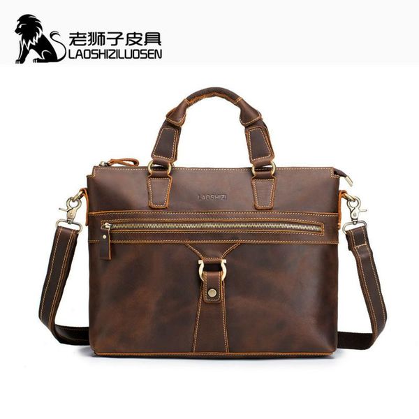 

briefcases laoshizi quality men's vintage real crazy horse leather briefcase messenger shoulder portfolio lapbag case office handbag