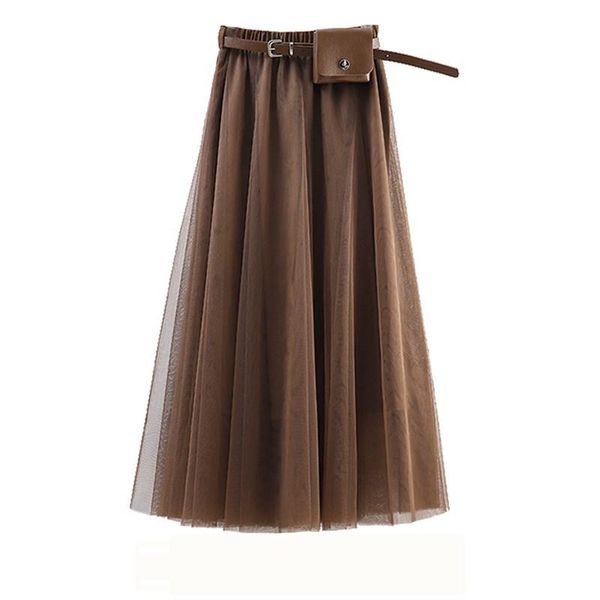 

skirts pleated skirt chiffon lace-up belt with small bag 2021 summer korean young-style mid-calf lady women, Black
