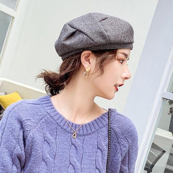 

women wool beret for elegant lady winter female cotton hats plaid vintage octagonal casual boina autumn girl cap wmtgzs, Black;white