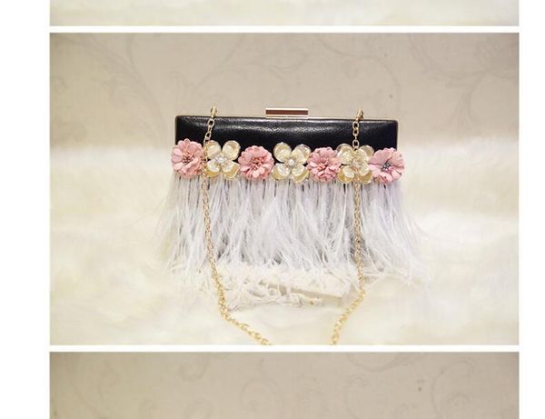 

black pu leather new feather flower small square bag chain shoulder messenger bag style creative women's bag