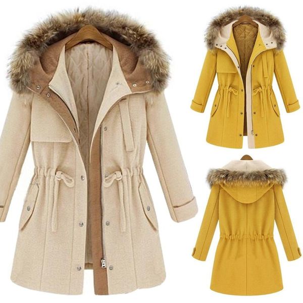 

winter women's outwear warm solid drawstring waist casual coat hooded jacket loose thick warm hooded outwear, Black