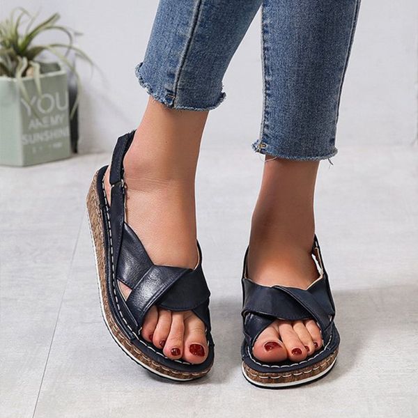 

women summer sandals 2020 woman sewing peep toe leather comfortable platform ladies wedges footwear female beach shoes plus size t200529, Black