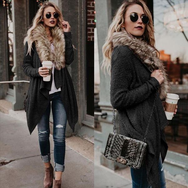 

2021 autumn winter new women long sleeve knitted sweater casual solid faux fur collar cardigans sweaters women, White;black