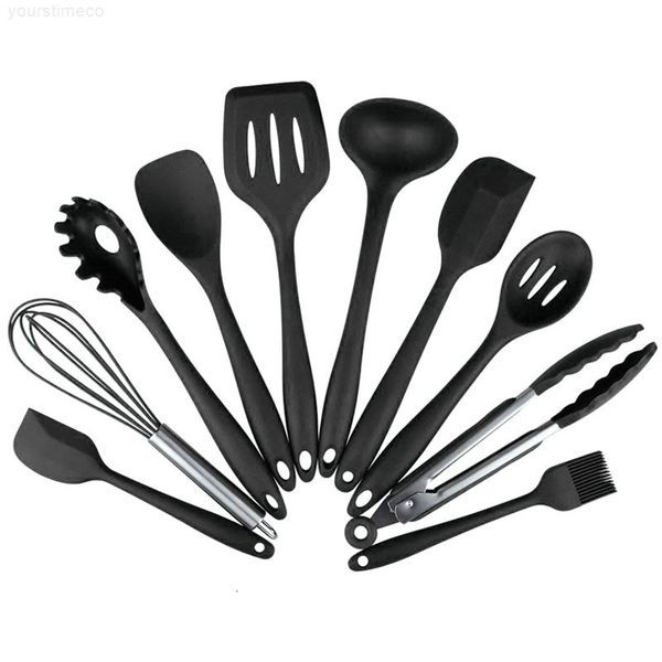 

10 pcs silicone kitchen accessories quality non stick dinnerware flatware set sqatula slotted spoon cooking tools