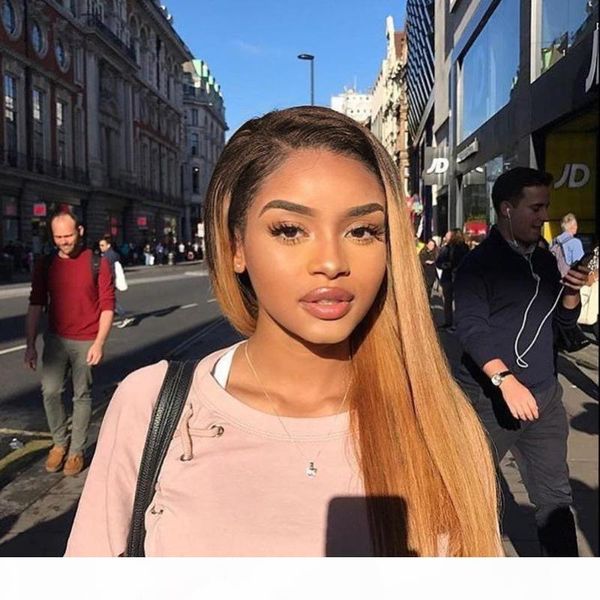 

1b #27 ombre honey blonde straight 13x4 lace front human hair wigs two tone color 26 28inch front lace wig for women, Black;brown