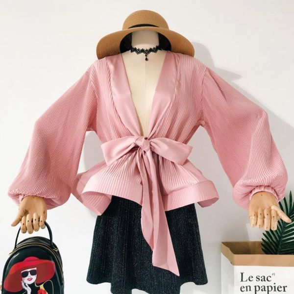

white fairy blouse long sleeve women autumn 2020 korean lantern sleeve waist slim bandage bow high street ruffle girls shirt1