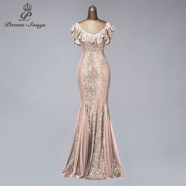 Wunderschöne Abendkleider mit V-Ausschnitt für Damen, Partynacht, goldenes Kleid, Meerjungfrau-Abendkleider, elegante Ballkleider mit einzigartigem Kragen, LJ201118