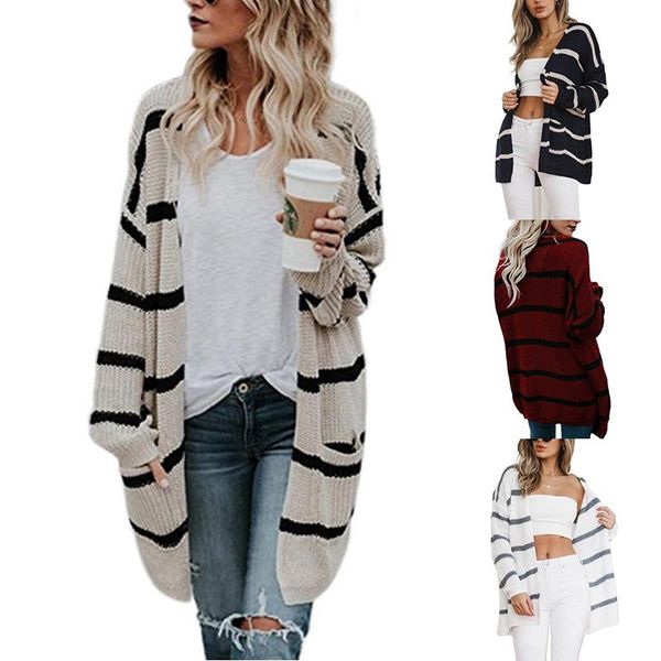 

women's knits & tees women european mid-length striped knit cardigan winter clothes sweaters for product sweater, White