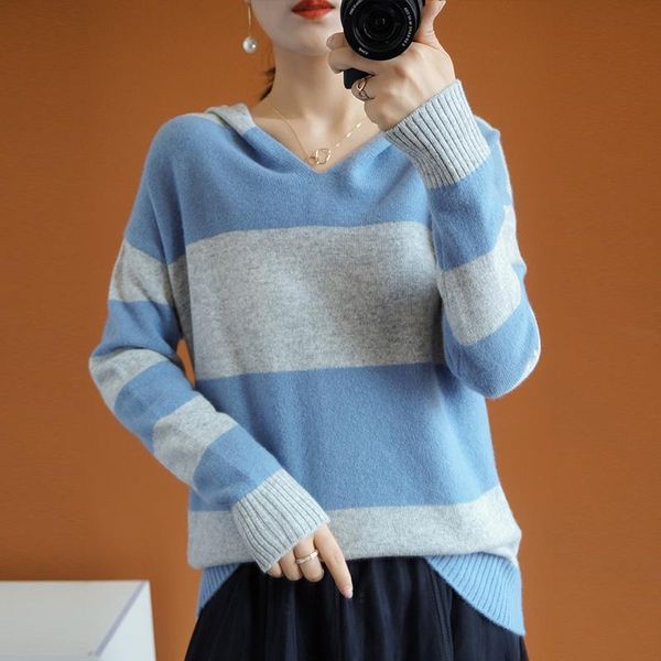 

autumn and winter new women's loose 100% pure wool sweater long-sleeved knitted striped hooded cashmere sweater high-end fashion, White;black