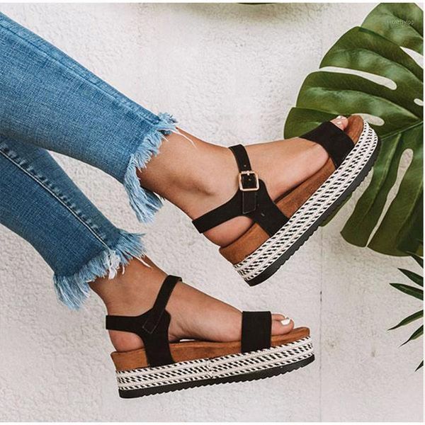 

women summer flat platform sandals ankle buckle female casual shoes thick sole ladies fashion open toe sandals fashion1, Black