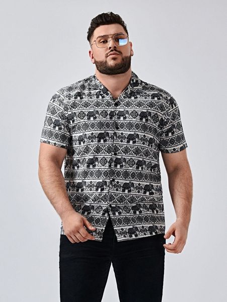 

extended sizes men elephant & geo print shirt i6rw#, White;black