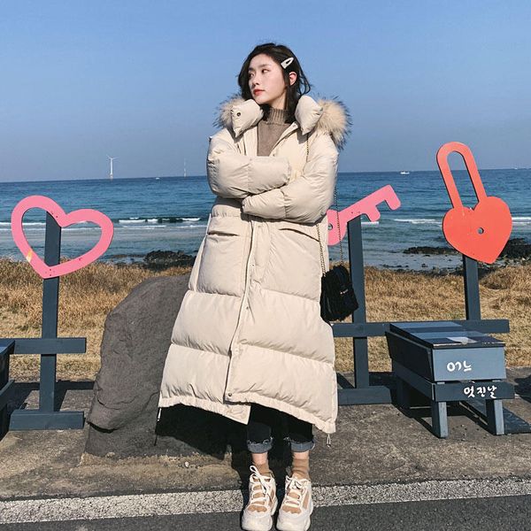

bella philosophy long down cotton coat women parka casual winter jacket loose warm thick winter padded fur collar lady coats 201027, Black