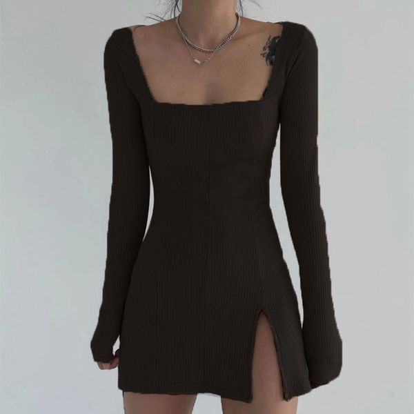 

women winter dress women 2020 new arrivals long sleeve square collar split khaki black solid party dresses vestidos lj201203, White;black