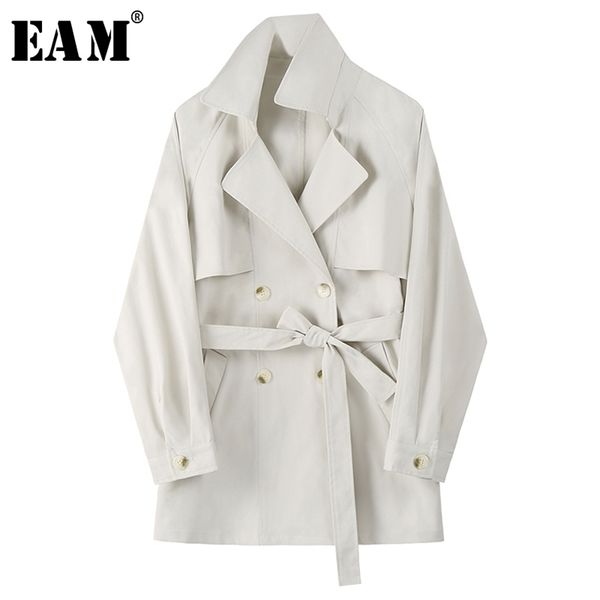 

[eam] women apricot bandage big size trench new lapel long sleeve loose fit windbreaker fashion tide spring autumn 1x184 201031, Tan;black