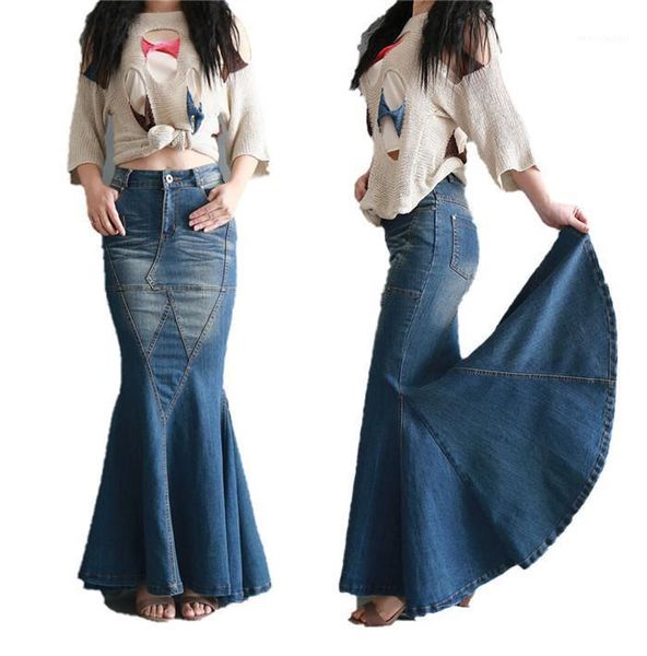 

women fashion denim fishtail skirt slim fit bodycon vintage long skirts woman elegant patchwork high waist jeans skirts female1, Black