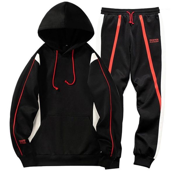 

gym clothing casual men patchwork tracksuit set team combat uniform loose hoodie sweatshirt long pants outdoor fitness running jogging1, White;black