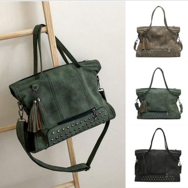 

fashion women rivet vintage handbag retro messenger leather shoulder bag larger capacity handle bags travel bag