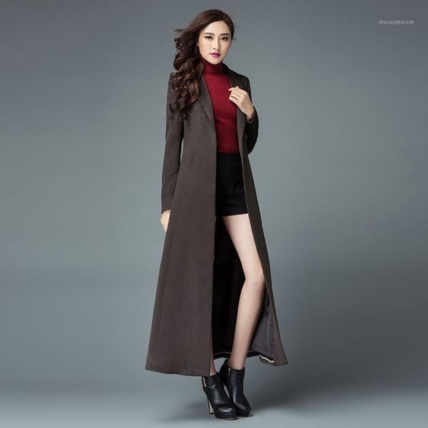 

women's wool & blends women winter maxi long windbreaker trench coat single botton turn down collar office lady woolen coats1, Black